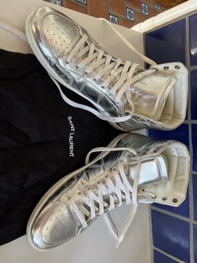 Saint Laurent Silver Metallic High-Top Sneakers with White Trim
